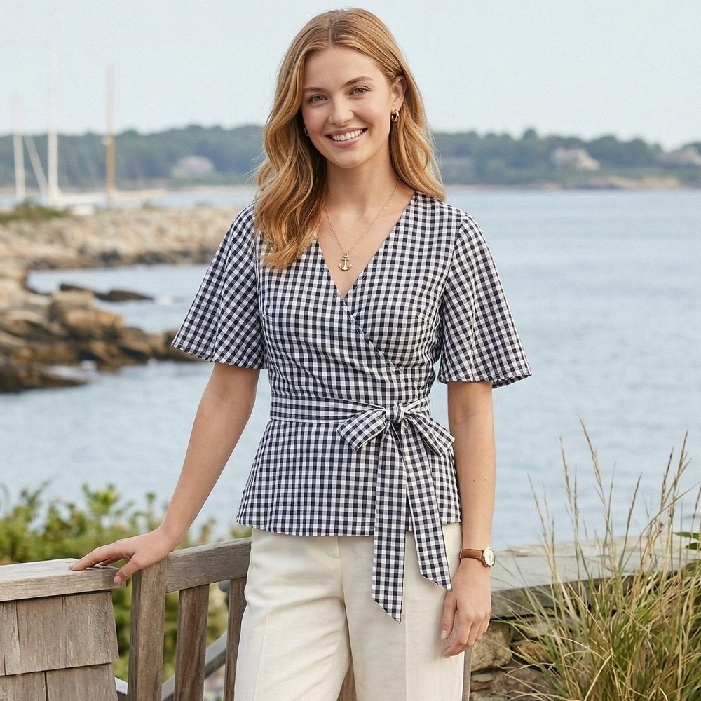 LOFT Gingham Wrap Flutter Sleeve Top Navy White Preppy Peplum Size XS